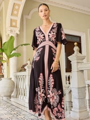 V&A | Love & Roses Pink and Black Printed V Neck Hanky Hem Midi Dress - Image 1 of 4