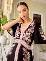 V&A | Love & Roses Pink and Black Printed V Neck Hanky Hem Midi Dress - Image 2 of 4