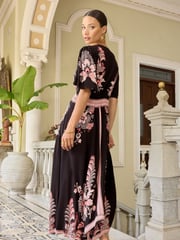 V&A | Love & Roses Pink and Black Printed V Neck Hanky Hem Midi Dress - Image 3 of 4