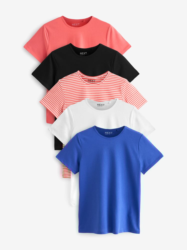Schwarz/Weiß/Koralle/Streifen/Kobalt - T-Shirt mit Rundhalsausschnitt und hohem Baumwollanteil im 5er-Pack - Bild 1 von 10