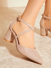 Friends Like These Gold Regular Fit Cross Over Mid Court Block Heel Shoes - Image 2 of 4