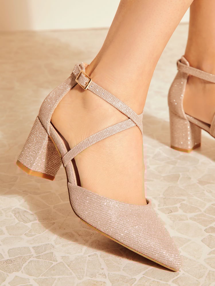 Friends Like These Gold Regular Fit Cross Over Mid Court Block Heel Shoes - Image 2 of 4