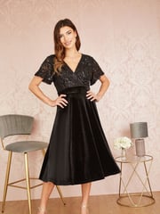 Yumi Black Embellished Velvet Wrap Skater Midi Dress - Image 1 of 5