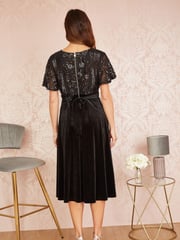 Yumi Black Embellished Velvet Wrap Skater Midi Dress - Image 2 of 5