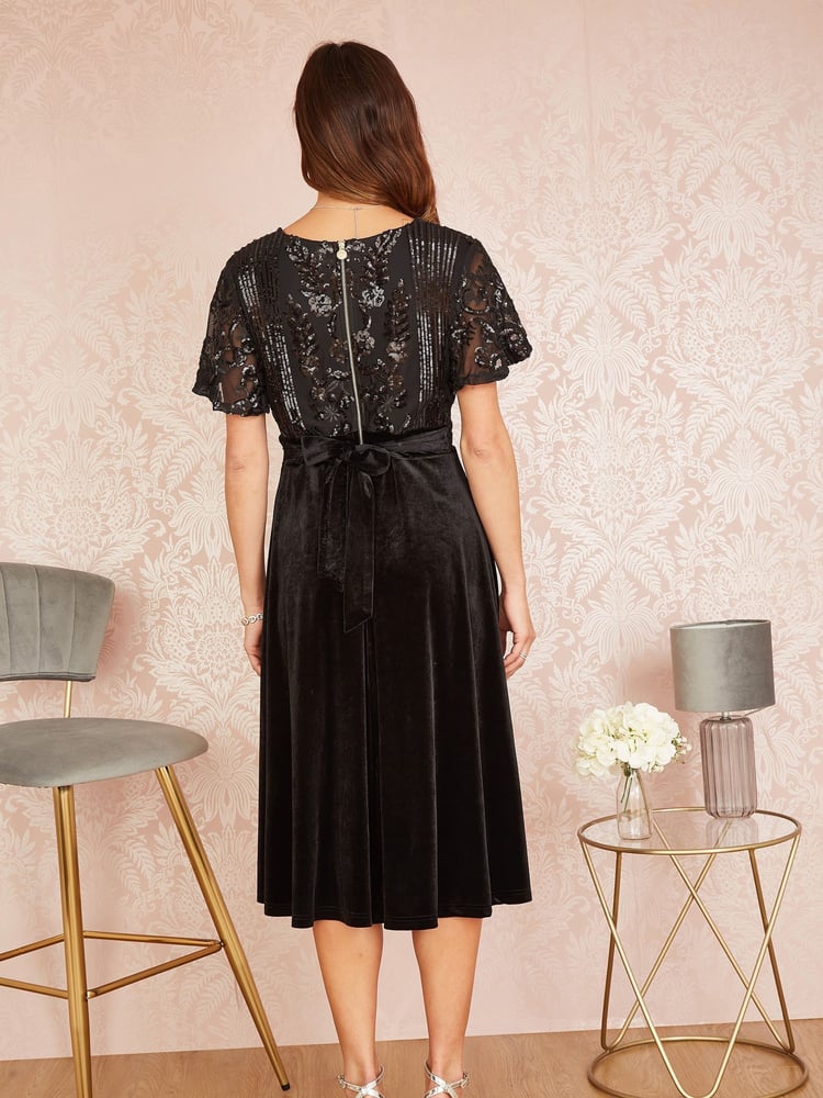 Yumi Black Embellished Velvet Wrap Skater Midi Dress - Image 2 of 5