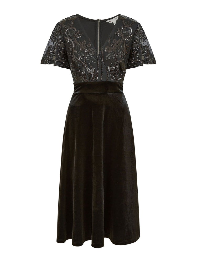Yumi Black Embellished Velvet Wrap Skater Midi Dress - Image 5 of 5