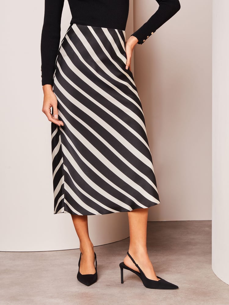 Lipsy Black White Stripe Satin Bias Cut Midi Skirt - Image 1 of 4 Lipsy Black White Stripe Satin Bias Cut Midi Skirt - Image 1 of 4