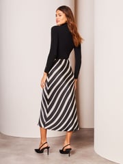 Lipsy Black White Stripe Satin Bias Cut Midi Skirt - Image 2 of 4