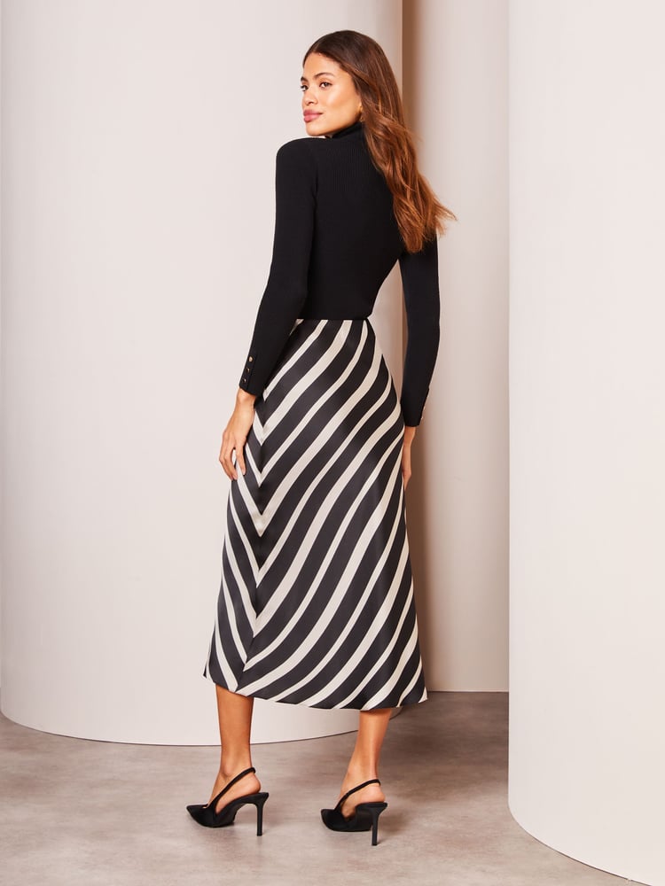 Lipsy Black White Stripe Satin Bias Cut Midi Skirt - Image 2 of 4 Lipsy Black White Stripe Satin Bias Cut Midi Skirt - Image 2 of 4