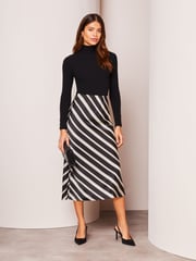 Lipsy Black White Stripe Satin Bias Cut Midi Skirt - Image 3 of 4