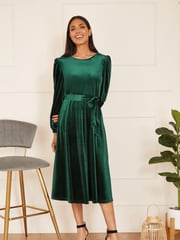 Yumi Green Velvet Long Sleeve Midi Skater Dress - Image 1 of 4