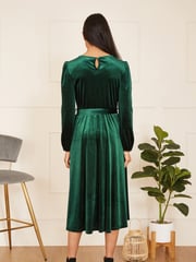 Yumi Green Velvet Long Sleeve Midi Skater Dress - Image 2 of 4