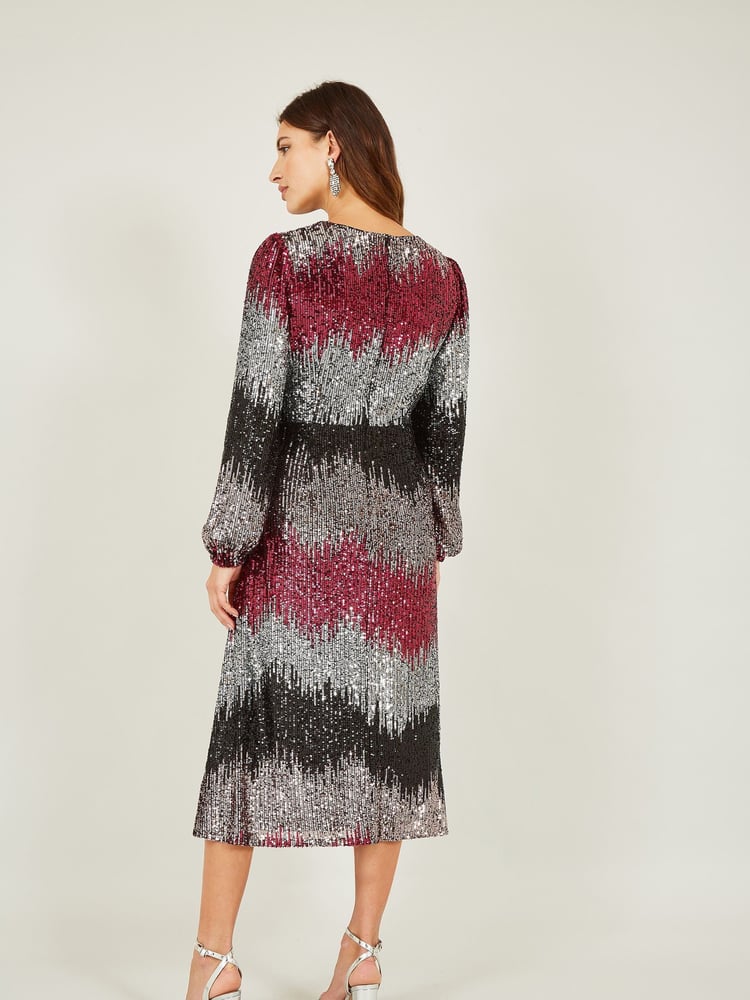 Yumi Natural Sequin Ombre Long Sleeve Midi Dress - Image 2 of 5