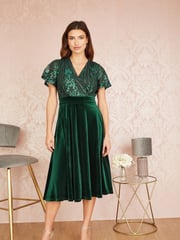 Yumi Green Embellished Velvet Wrap Skater Midi Dress - Image 1 of 5