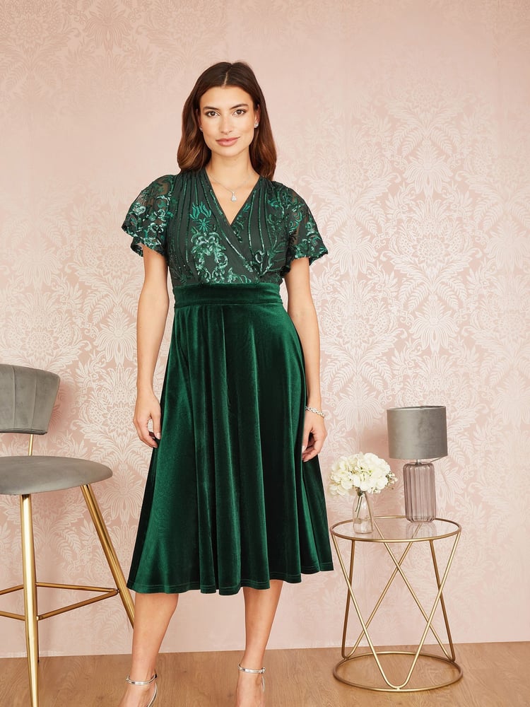 Yumi Green Embellished Velvet Wrap Skater Midi Dress - Image 1 of 5