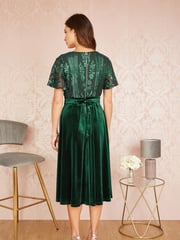 Yumi Green Embellished Velvet Wrap Skater Midi Dress - Image 2 of 5