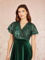 Yumi Green Embellished Velvet Wrap Skater Midi Dress - Image 3 of 5
