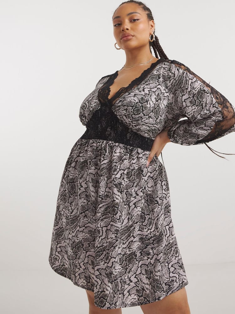 Simply Be Grey Animal Lace Insert Skater Dress - Image 1 of 4