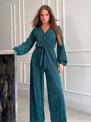 Girl In Mind Teal Green Jennie Plisse Long Sleeves Wrap Jumpsuit - Image 1 of 4