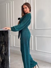 Girl In Mind Teal Green Jennie Plisse Long Sleeves Wrap Jumpsuit - Image 2 of 4