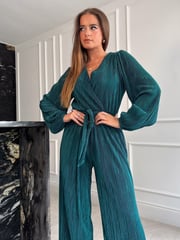 Girl In Mind Teal Green Jennie Plisse Long Sleeves Wrap Jumpsuit - Image 3 of 4