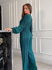 Girl In Mind Teal Green Jennie Plisse Long Sleeves Wrap Jumpsuit - Image 4 of 4