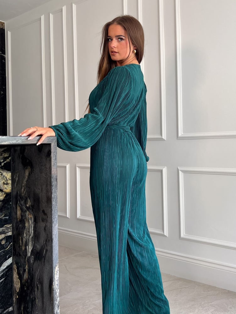 Girl In Mind Teal Green Jennie Plisse Long Sleeves Wrap Jumpsuit - Image 4 of 4