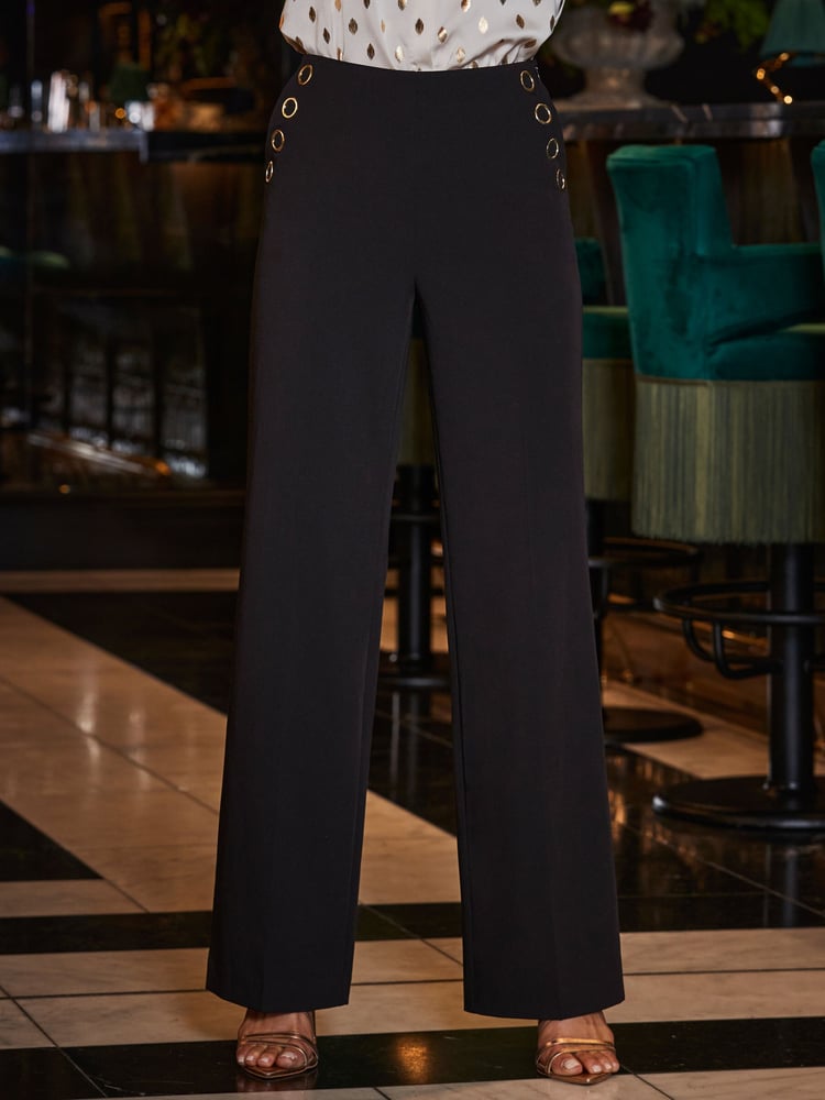 Sosandar Black Eyelet Detail Wide Leg Trousers - Image 1 of 4