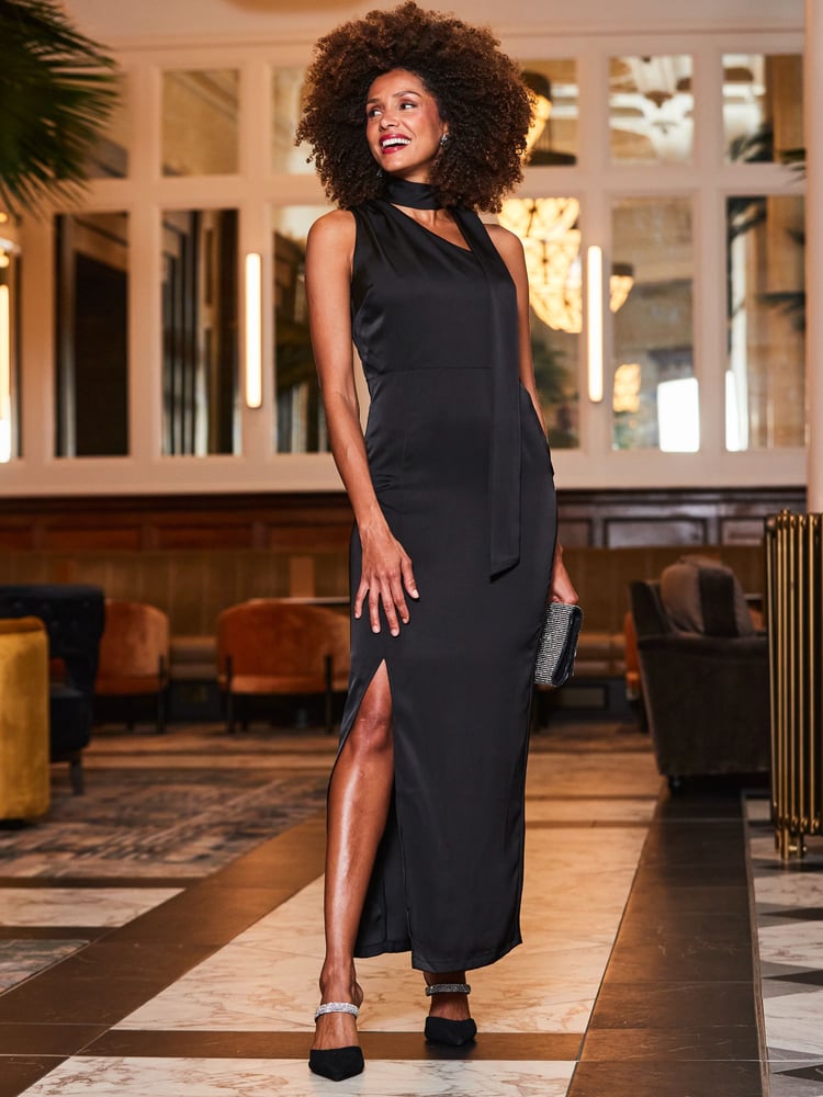 Sosandar Black One Shoulder Tie Neck Satin Midi Dress - Image 1 of 4
