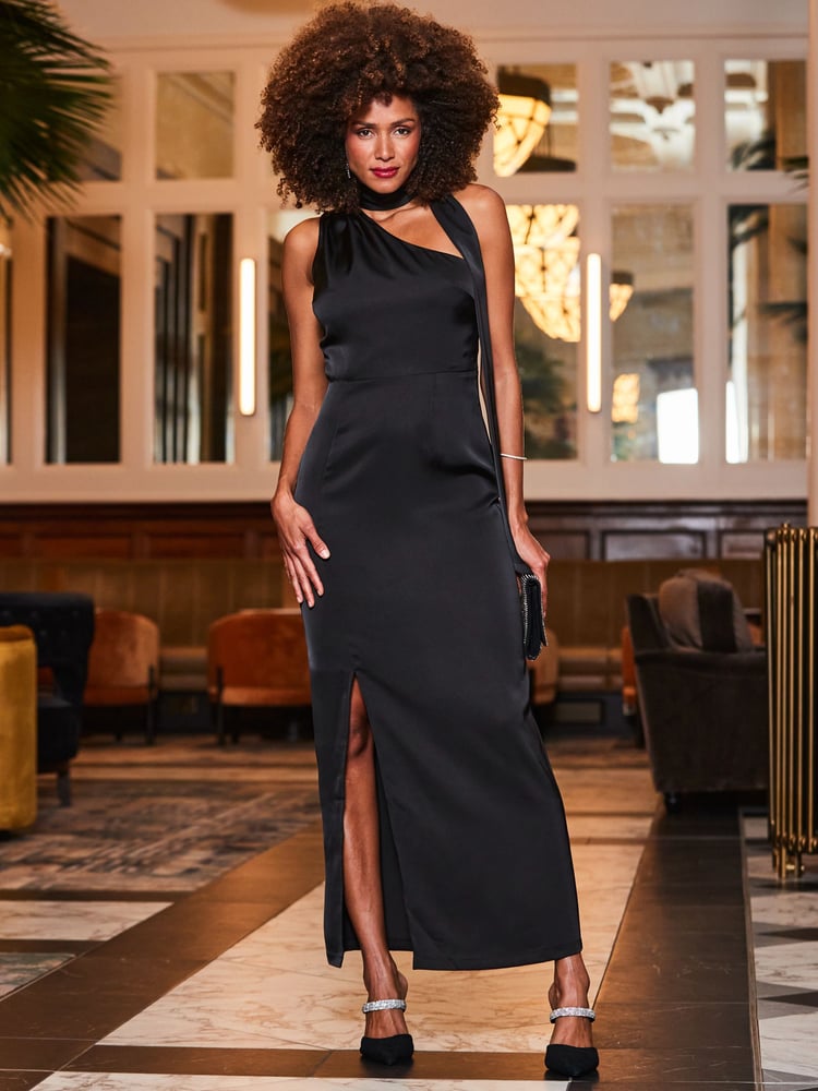 Sosandar Black One Shoulder Tie Neck Satin Midi Dress - Image 2 of 4