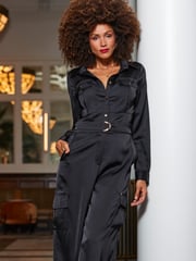 Sosandar Black Satin Wide Leg Utility Jumpsuit - Image 5 of 5