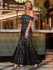 Sosandar Black Premium Lace Bardot Fit And Flare Maxi Dress - Image 1 of 5