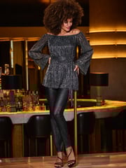 Sosandar Grey Plisse Bardot Belted Top - Image 3 of 5