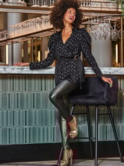 Sosandar Black Metallic Fleck Print Blouson Sleeve Wrap Satin Top - Image 1 of 5
