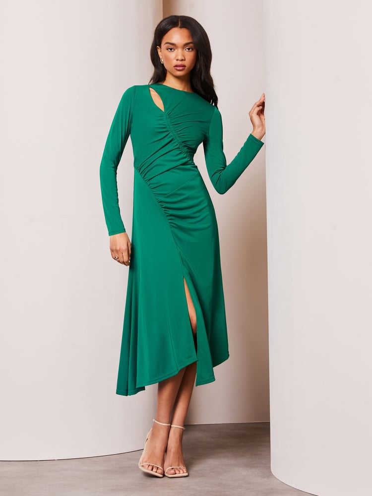 Lipsy Forest Green Long Sleeve Cutout Ruched Asymmetrical Midi Dress - Image 1 of 4 Lipsy Forest Green Long Sleeve Cutout Ruched Asymmetrical Midi Dress - Image 1 of 4