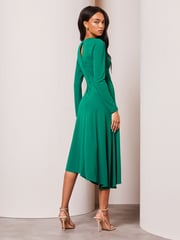 Lipsy Forest Green Long Sleeve Cutout Ruched Asymmetrical Midi Dress - Image 2 of 4