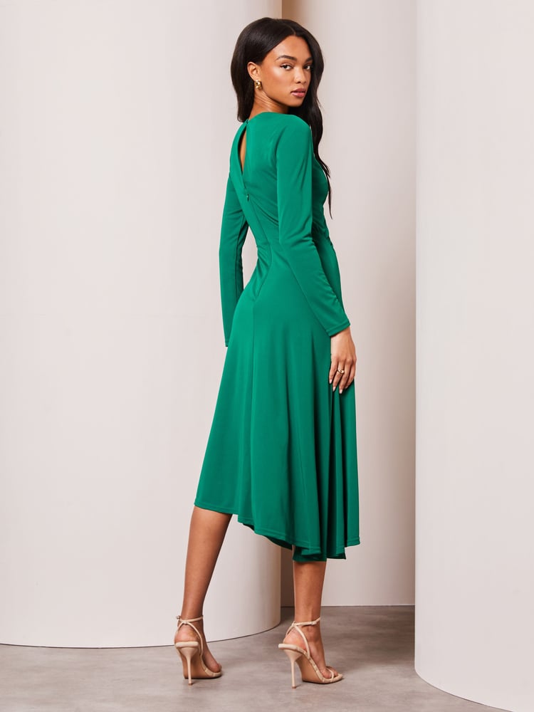 Lipsy Forest Green Long Sleeve Cutout Ruched Asymmetrical Midi Dress - Image 2 of 4 Lipsy Forest Green Long Sleeve Cutout Ruched Asymmetrical Midi Dress - Image 2 of 4