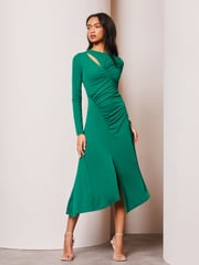Lipsy Forest Green Long Sleeve Cutout Ruched Asymmetrical Midi Dress - Image 3 of 4