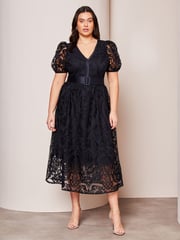 Lipsy Navy Blue Curve Premium Lace Embroidered Puff Sleeve Belted Midi Dress - Image 1 of 3