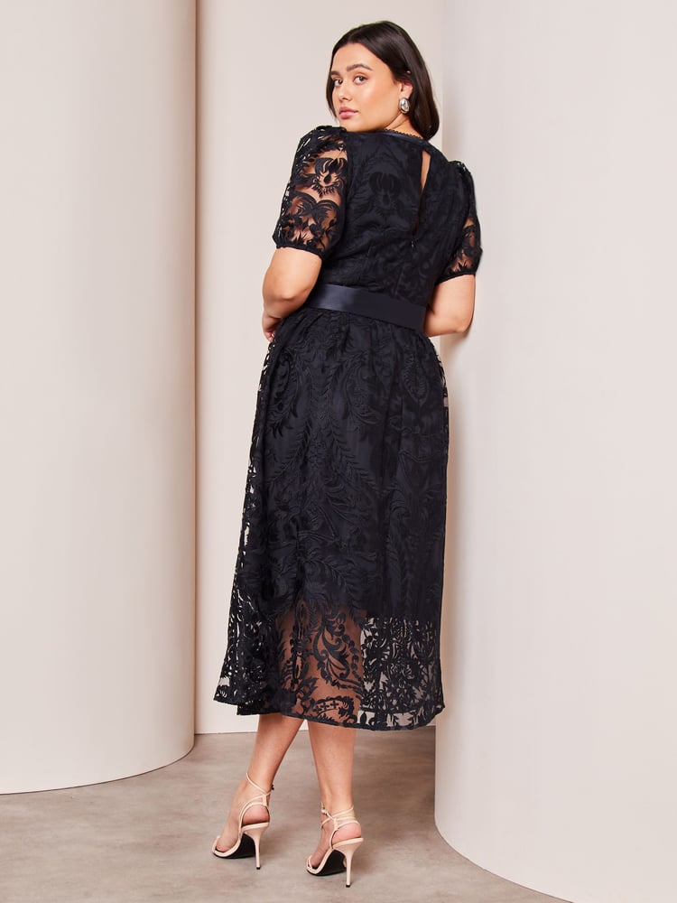 Lipsy Navy Blue Curve Premium Lace Embroidered Puff Sleeve Belted Midi Dress - Image 2 of 3 Lipsy Navy Blue Curve Premium Lace Embroidered Puff Sleeve Belted Midi Dress - Image 2 of 3