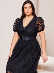 Lipsy Navy Blue Curve Premium Lace Embroidered Puff Sleeve Belted Midi Dress - Image 3 of 3
