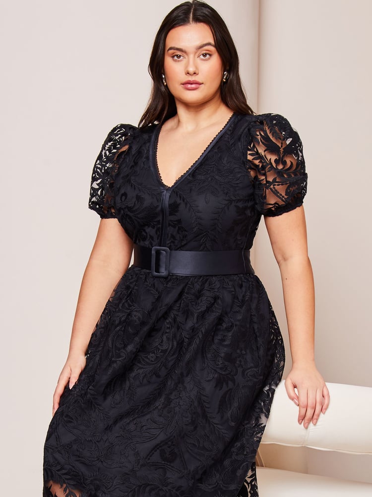Lipsy Navy Blue Curve Premium Lace Embroidered Puff Sleeve Belted Midi Dress - Image 3 of 3 Lipsy Navy Blue Curve Premium Lace Embroidered Puff Sleeve Belted Midi Dress - Image 3 of 3