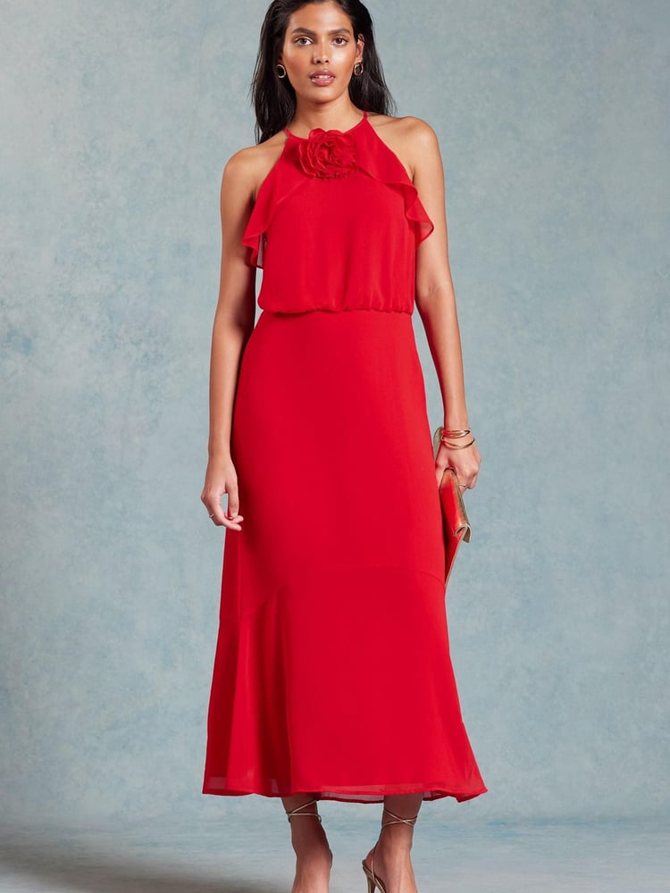 Love & Roses Red Halterneck Corsage Detail Midi Dress - Image 1 of 4