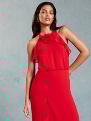 Love & Roses Red Halterneck Corsage Detail Midi Dress - Image 3 of 4