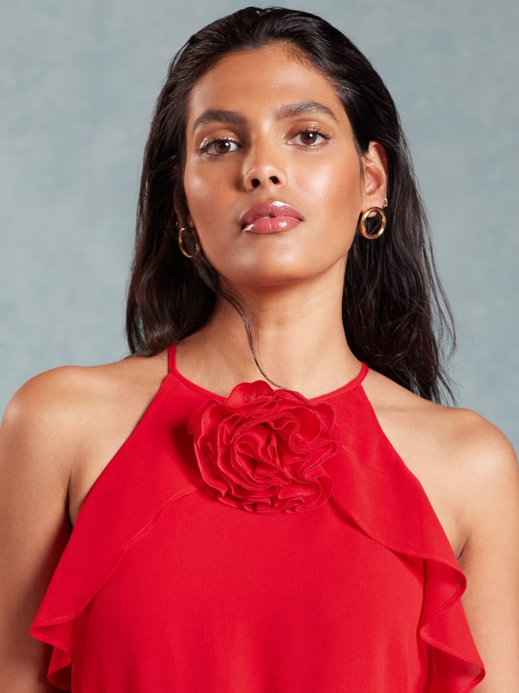 Love & Roses Red Halterneck Corsage Detail Midi Dress - Image 4 of 4 Love & Roses Red Halterneck Corsage Detail Midi Dress - Image 4 of 4