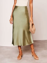 Lipsy Khaki Green Satin Bias Cut Midi Skirt - Image 1 of 4
