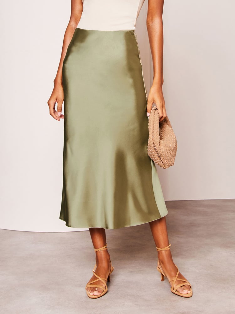 Lipsy Khaki Green Satin Bias Cut Midi Skirt - Image 1 of 4 Lipsy Khaki Green Satin Bias Cut Midi Skirt - Image 1 of 4