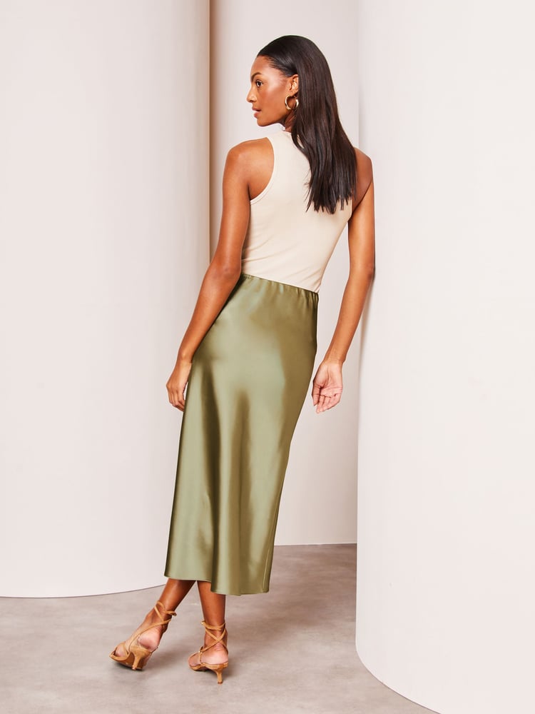 Lipsy Khaki Green Satin Bias Cut Midi Skirt - Image 2 of 4 Lipsy Khaki Green Satin Bias Cut Midi Skirt - Image 2 of 4