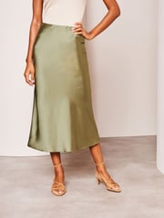 Lipsy Khaki Green Satin Bias Cut Midi Skirt - Image 3 of 4