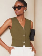Lipsy Khaki Green Linen Button Through Waistcoat - Image 1 of 4